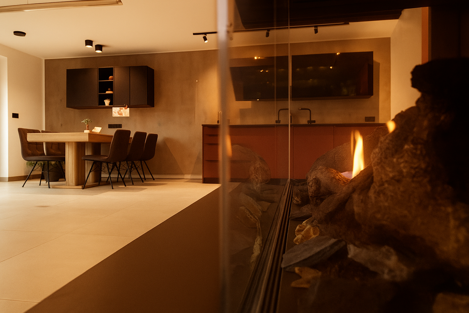 Warmer Innenraum des GAL-House mit Essbereich, Küche und Feuerstelle